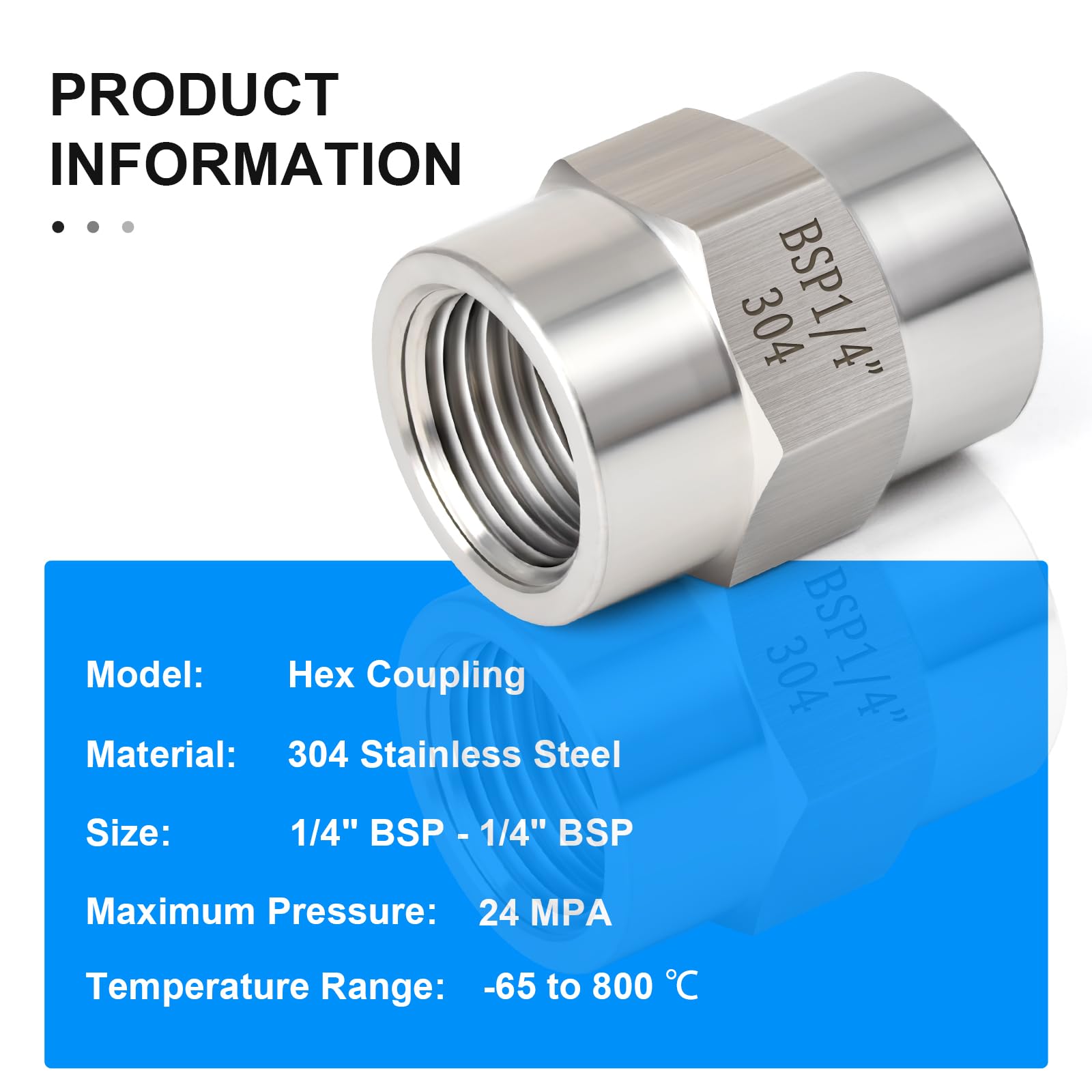 2 conectores de acoplamiento hexagonal BSP hembra a hembra de 1/4 pulgadas, adaptador de tubería de acero inoxidable 304 para fontanería industrial