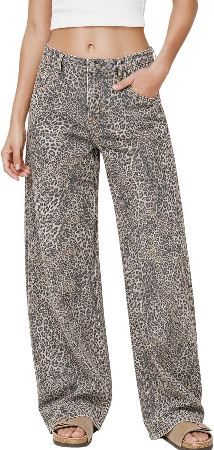 Leopard Pants Women Cheetah Print Pants Barrel Jeans Women Baggy High Waisted Wide Leg Cute Jeans