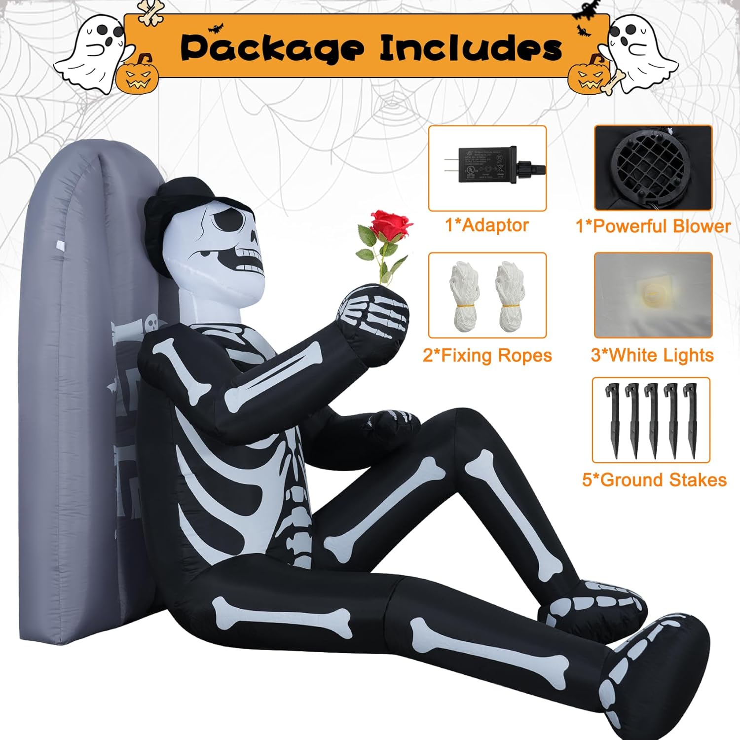 6.3 Ft Skeleton and Tombstone Inflatable Halloween Decor with Built-in LEDs, Outdoor Yard Decorations for Lawn Garden