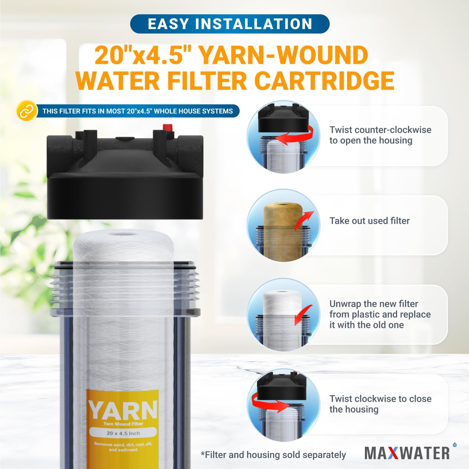 20 x 4.5 String-Wound Polypropylene Sediment Water Filter Cartridge for Well Water, 10 Pack