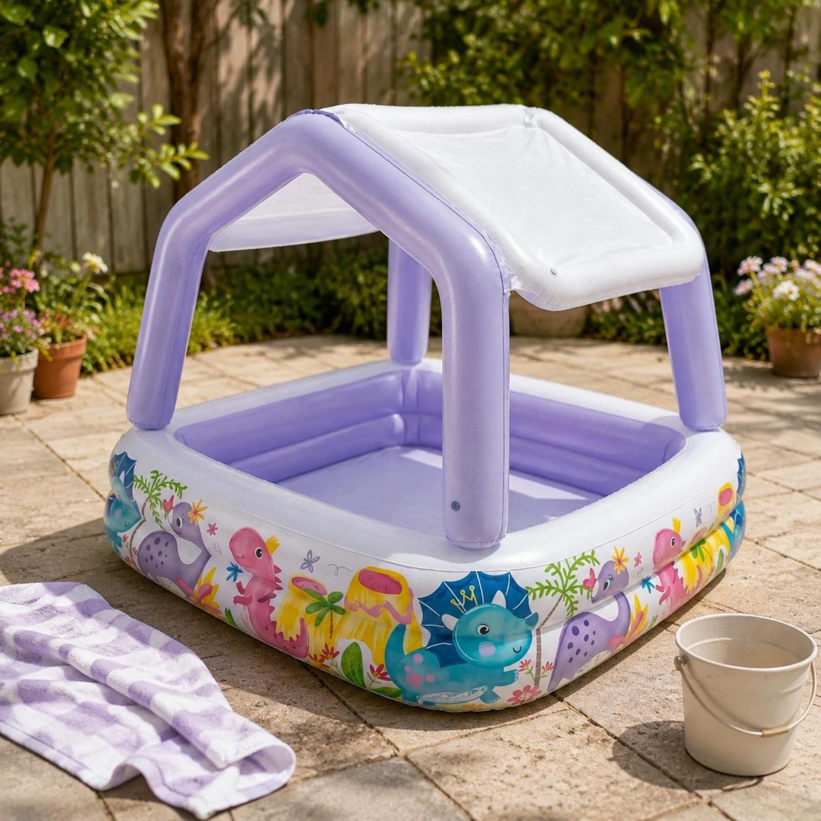 Kinderpool Schwimmbecken Aufblasbares Planschbecken mit Schutzdach Leichtes PVC Material für Kinder für Hinterhof Poolbereich Garten