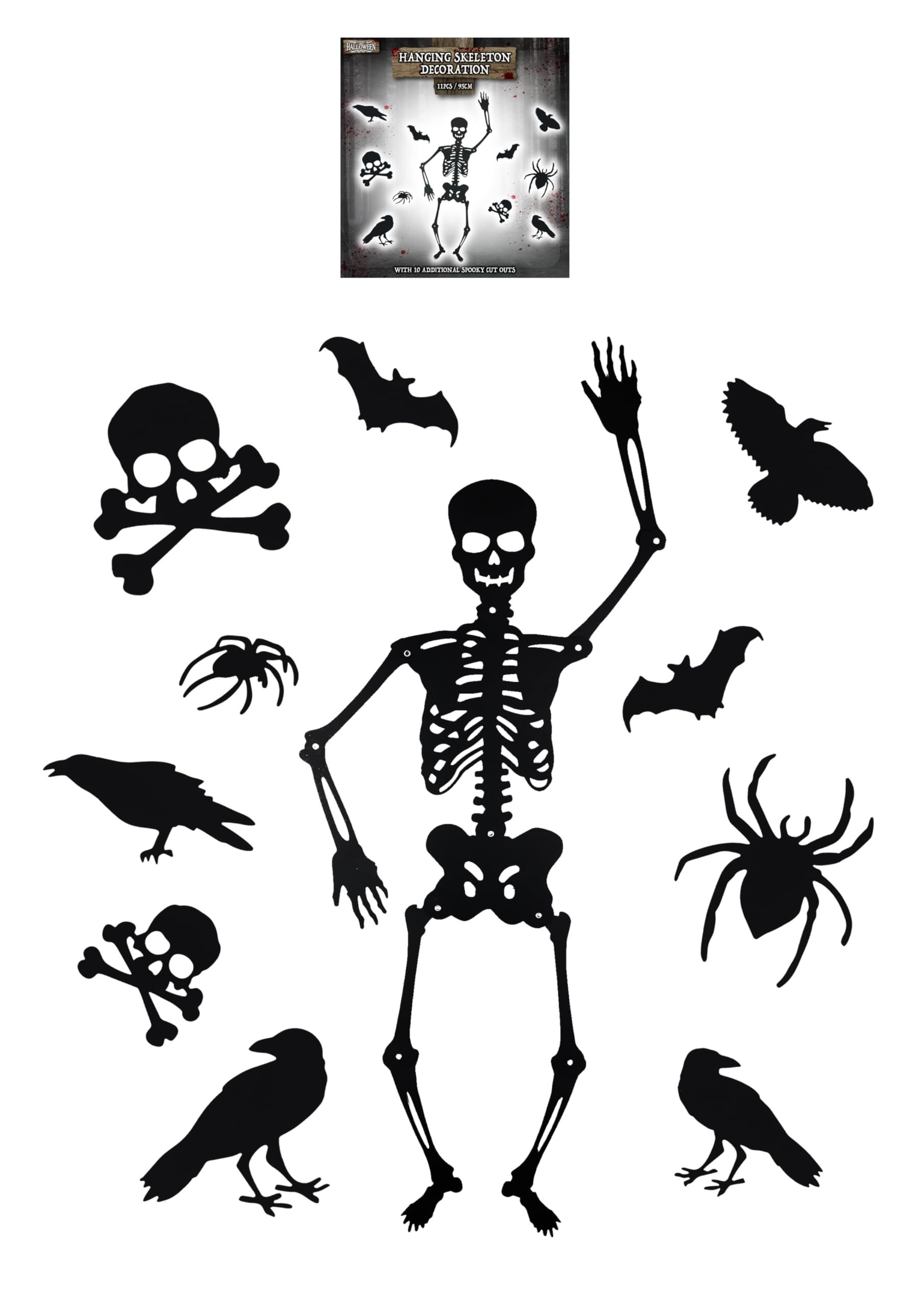 Henbrandt Black 1 X Hanging Skeleton With 10 Decorative Cutouts 95Cm Jointed Skeleton Articulated Cutouts Hanging Props Haunted House Dungeon Decor Trick Or Treat Spooky Skeleton Halloween Decorations
