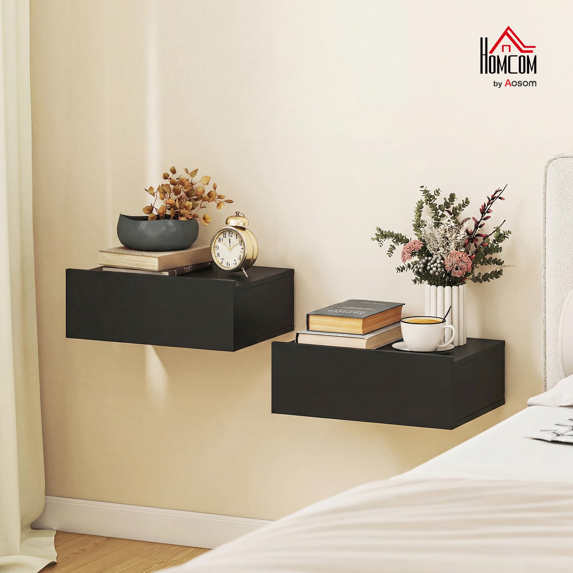 HOMCOM Set di 2 Comodini Camera da Letto Sospesi con Cassetto, Coppia di Comodini Moderno in Legno, Tavolini per Divano, Soggiorno, Salotto e Camera, 40x30x15 cm, Nero