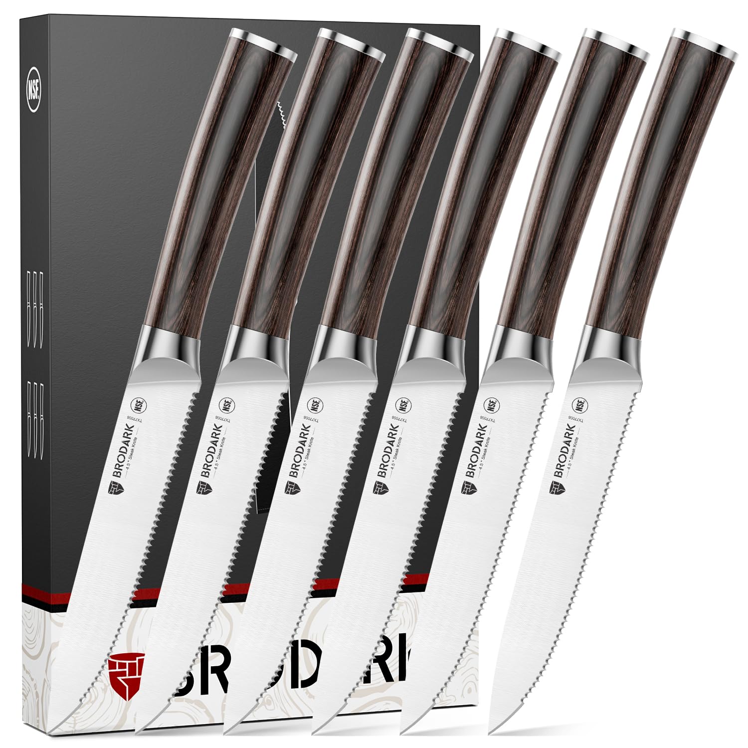 BRODARK Steak Knives Set of 6: 4.5 Inch Serrated Steak Knives with Ergonomic Handles, High Carbon Stainless Steel Steak Knife Set, NSF Certified