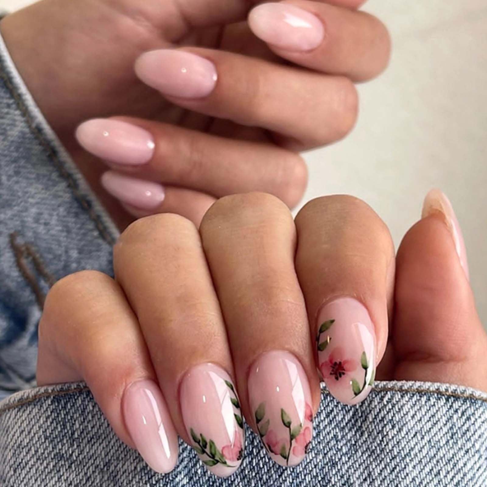 DANMANR Press on Pink Nails Bling False Almond Nails Full Cover Acrylic Flower Summer Fake Medium Nails for Women and Girls 24PCS