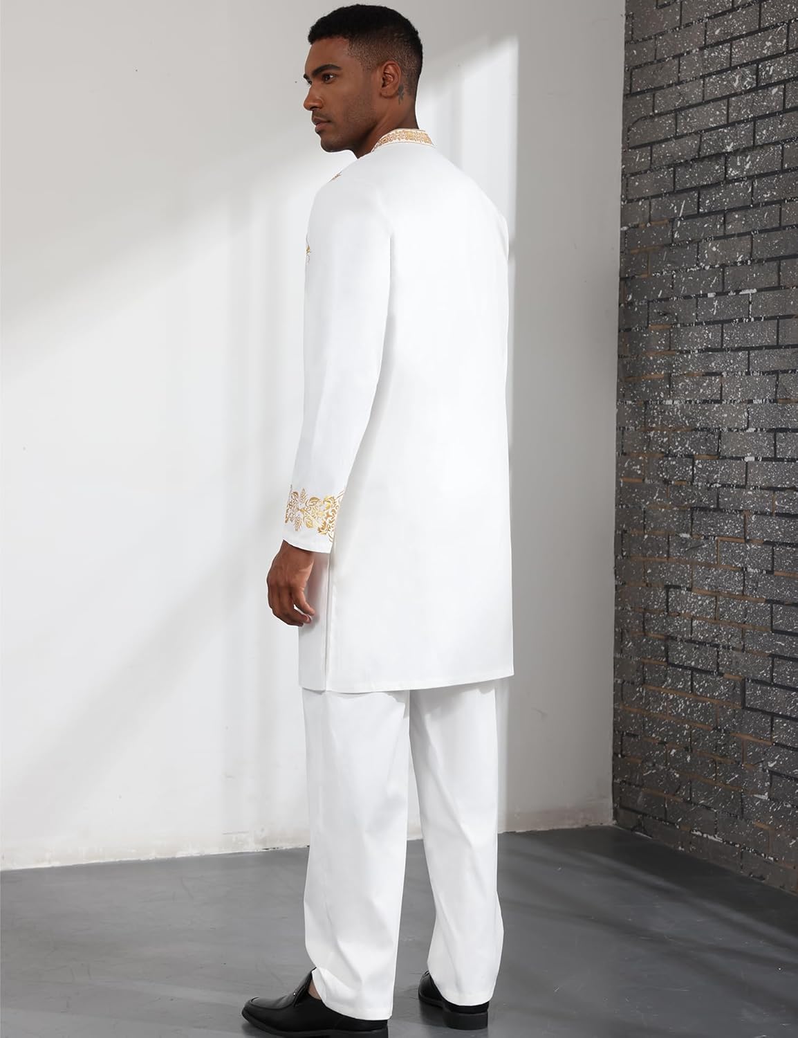 Mens Long African 2 Piece Set Nigerian Dashiki Metallic Traditional Suit Gold Stamp Printed Shirt and Pants Outfit - Image 3