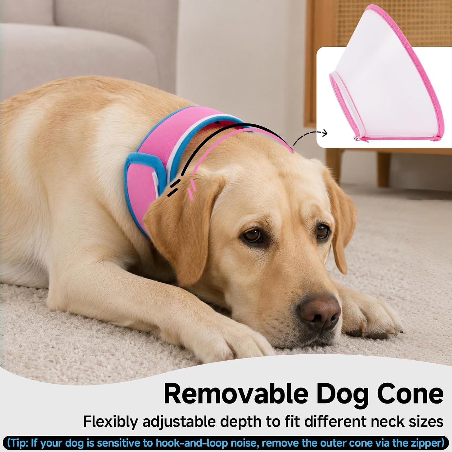 Dog Cone Collar to Stop Licking, Comfortable Elizabeth Dog Recovery Collar | Detachable Soft Recovery E-Collar with Zipper, Adjustable Lightweight Cone Collar for Medium Dog After Surgery