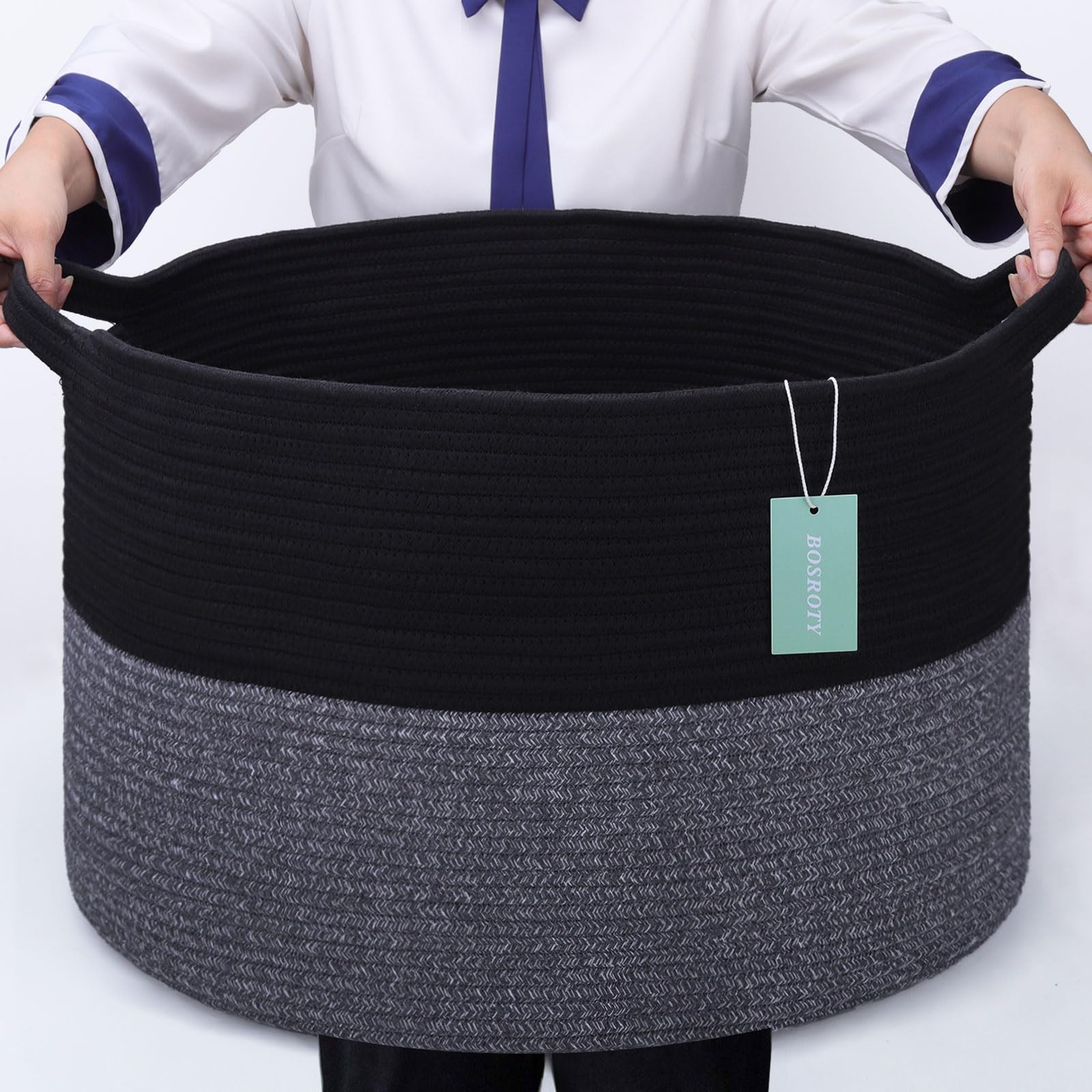 Large Cotton Rope Blanket Basket, 87L Laundry Hamper, Black &amp; Gray