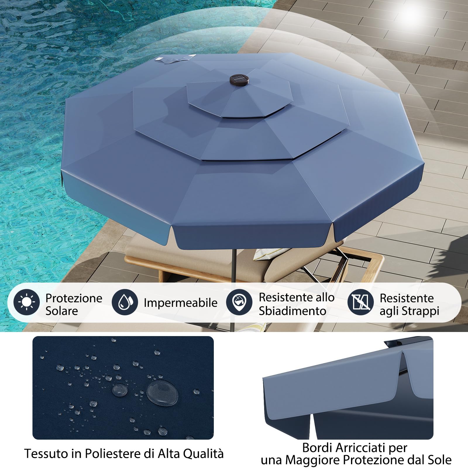 COSTWAY Ombrellone da Giardino 300 cm, 32 Luci Led Solari, con Regolazione Inclinazione, Manovella e 8 Stecche, Anti-UV, Tettuccio Ventilato a 3 Livelli (Blu, 32 Luci)