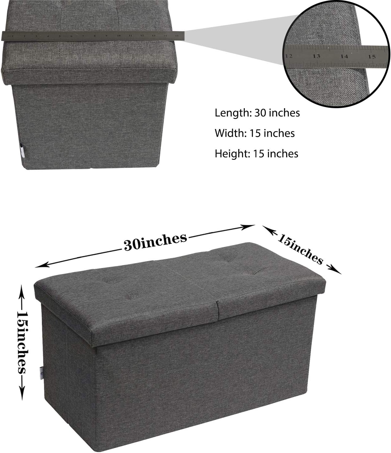 B FSOBEIIALEO Storage Ottoman with Filpping Lids, Ottoman Storage Bench Footrest Seat, Storage Organizer Toy Chest Linen 30"x15"x15" (Grey) : Home & Kitchen