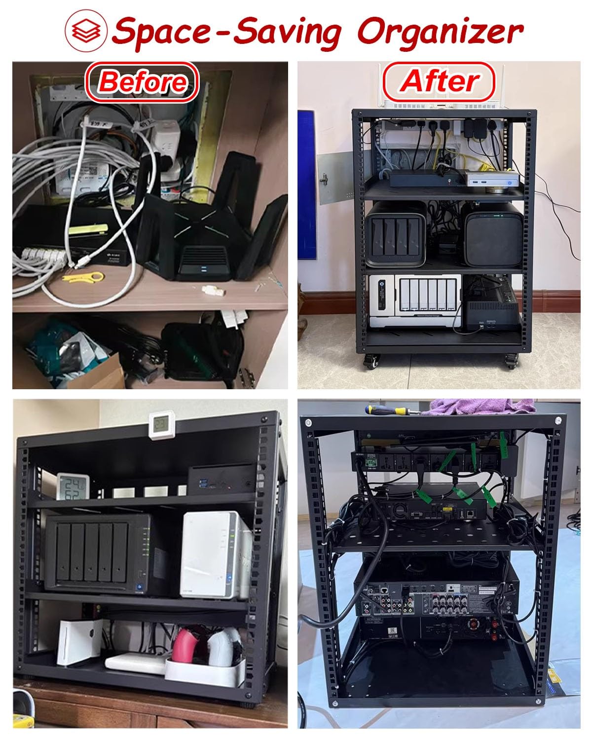 Vibeo Rack di Rete a Telaio Aperto Rack per Server Ventilato con Ripiani e 4 Ruote, Rack di Rete a Telaio Aperto 12U 16U 20U, Sistema Rack Audio per Apparecchiature di Rete da 48 cm(12U,2 Tier)