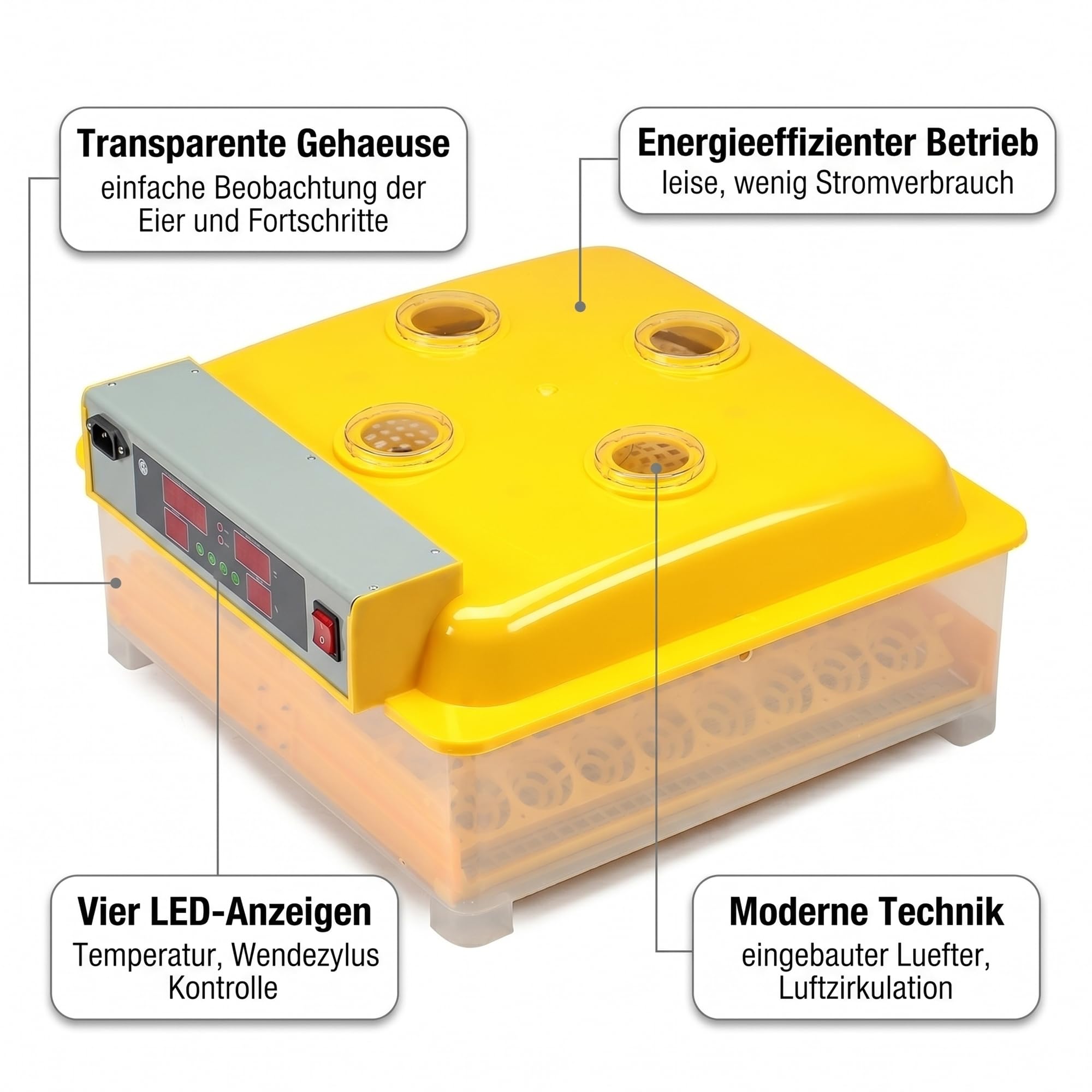 Mucola Brutautomat Brutmaschine vollautomatisch 48 Eier Inkubator Gelb | Automatische Wendung und Temperaturregelung, Anzeige für Luftfeuchtigkeit und Brutzeit, inkl. Schierlampe, für Hühner, Enten