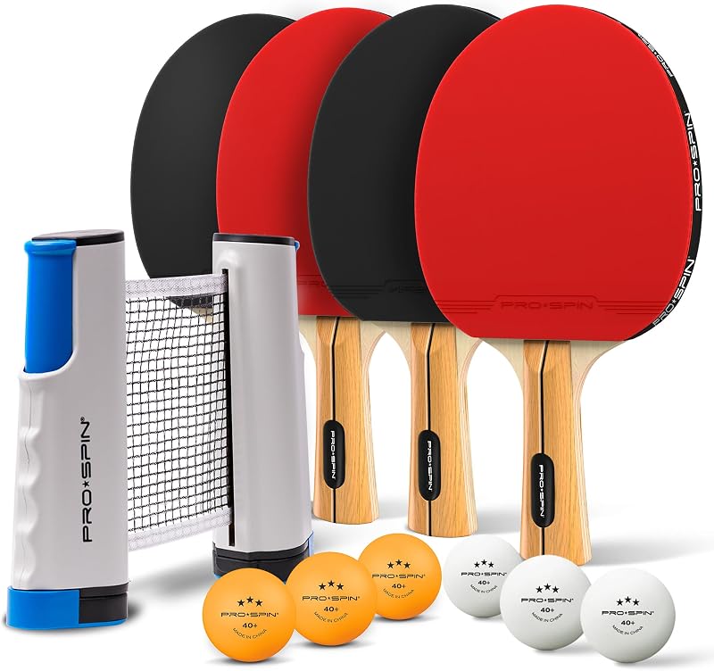 PRO SPIN Pingpong Ütő Készlet - Hordozható Asztali Tenisz Háló, 3 Csillagos Labdák, Táska, Gyerekeknek és Felnőtteknek, 4 Játékos Részére