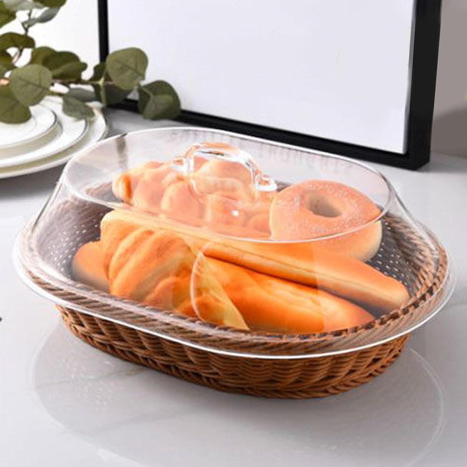 Bread Basket with Transparent Lid 16x12x5.5 Oval Plastic Woven Bread Basket for Farmhouse, Cafe, Kitchen, Fruit, Food Serving