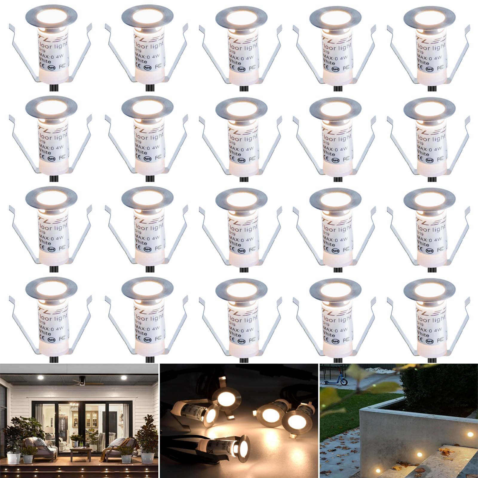 20er mini Bodeneinbaustrahler Set DC12V Ø19mm 0.4W LED Einbaustrahler IP67 Wasserdicht Einbauleuchten Außen Terrasse Küche Garten Led Lampe