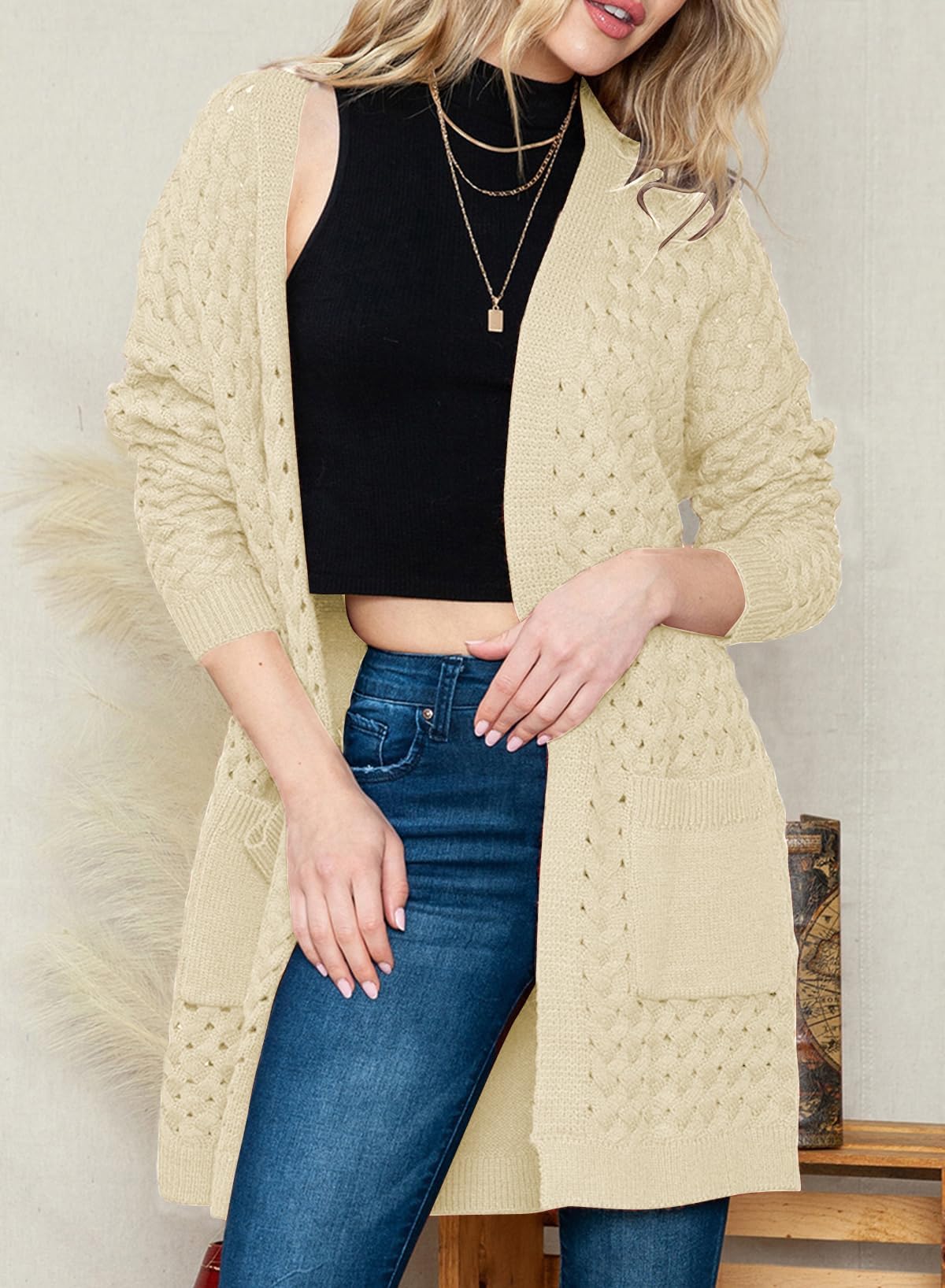 Chaqueta larga de punto para mujer, chaqueta de punto frontal abierta, abrigo con bolsillos, ropa exterior holgada informal para uso diario, beige, M