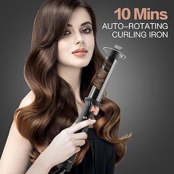 Automatic Rotating Curling Iron, 1 1/4 Inch Self Curling Wand with Extra Long 5.5 Tourmaline Ceramic Barrel, Fast Heating Ionic Hair Curler for Long Hair, Adjustable Hot Tools for Curls Waves (Black)
