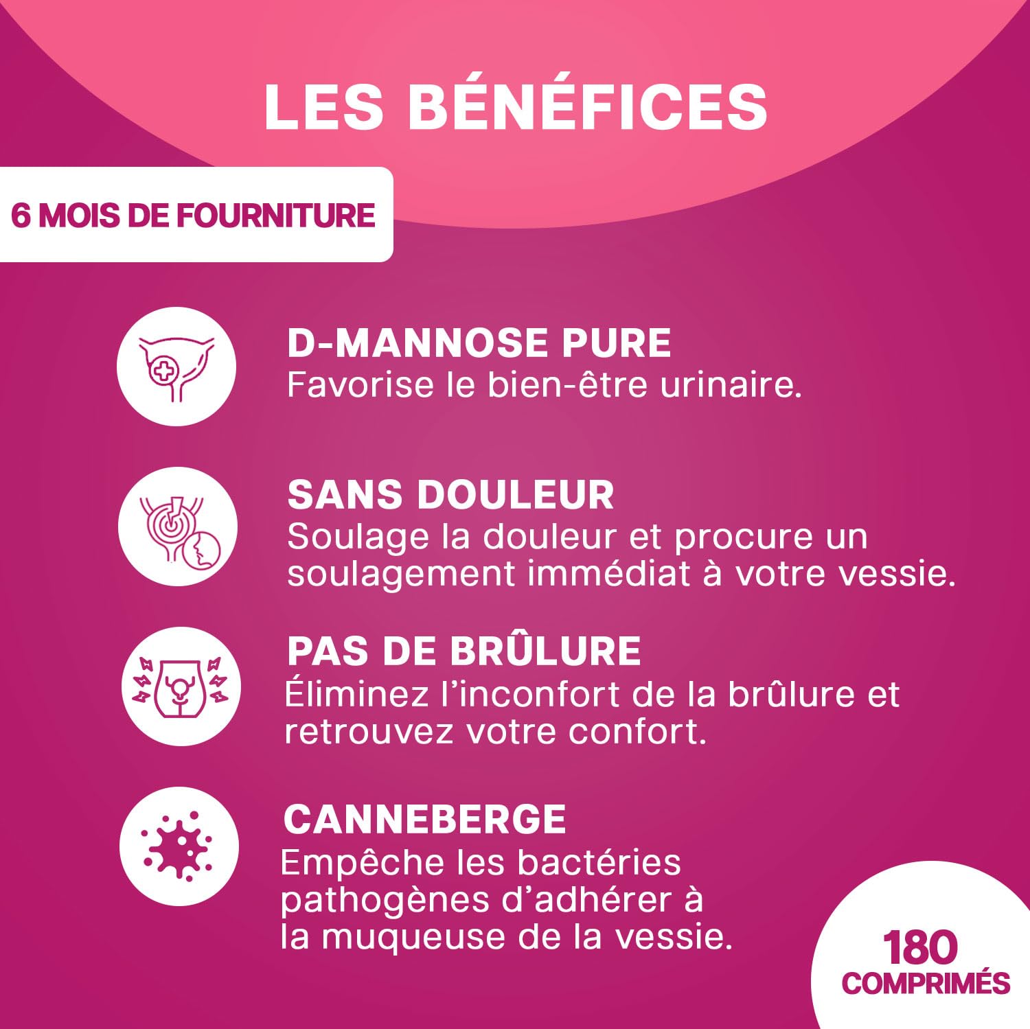 D-MANNOSE (Stock pour 6 mois) 180 Comprimés Haute Dose et Absorption I D-Mannose De 500 mg. + Canneberge E.S. De 40 mg. | Sans Gluten, Lactose, Sucres et Soja