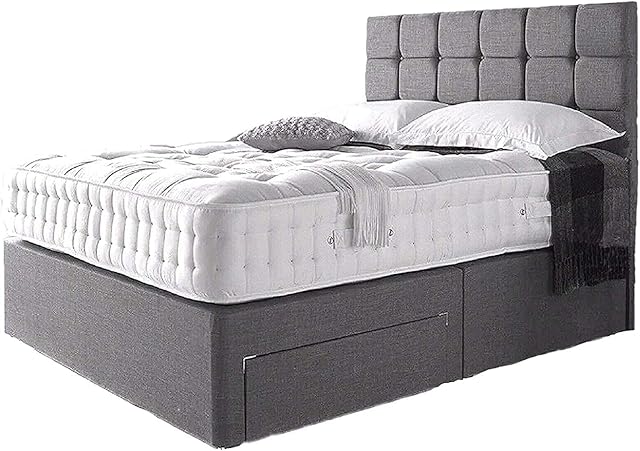 Grey Divan Double Bed Linen Look Fabric Divan Bed With 10 Memory Foam Mattress and Headboard 2 Free Storage Drawers ( 4ft6 Double 135 cm X 190 cm) 2 Drawers