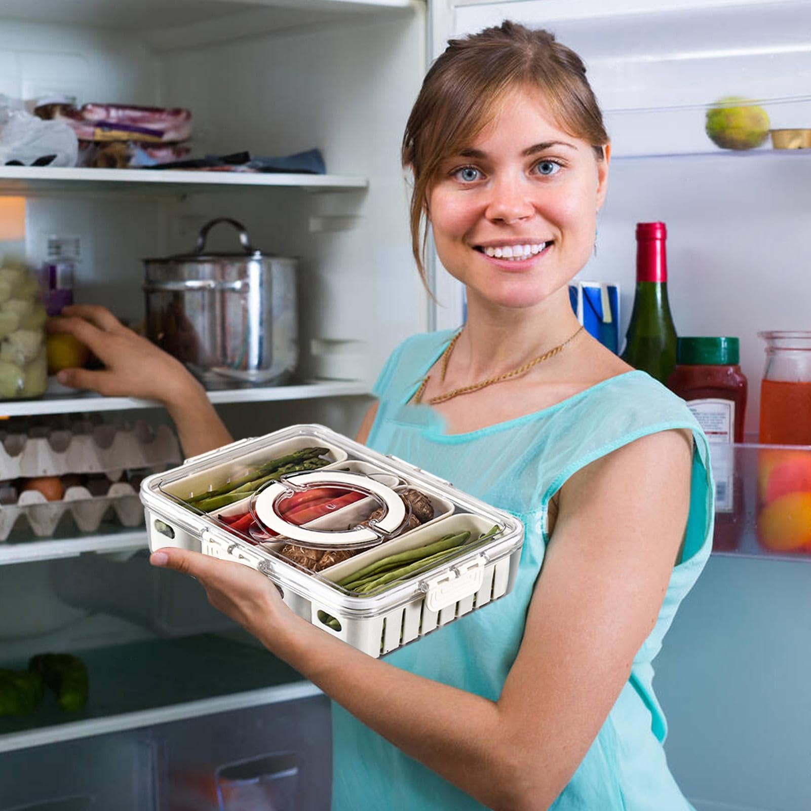 Porta Snack Con 4 Scomparti E Coperchio A Scatto - Contenitore Per Frutta, Verdura E Picnic - Adatto Al Frigo - 2