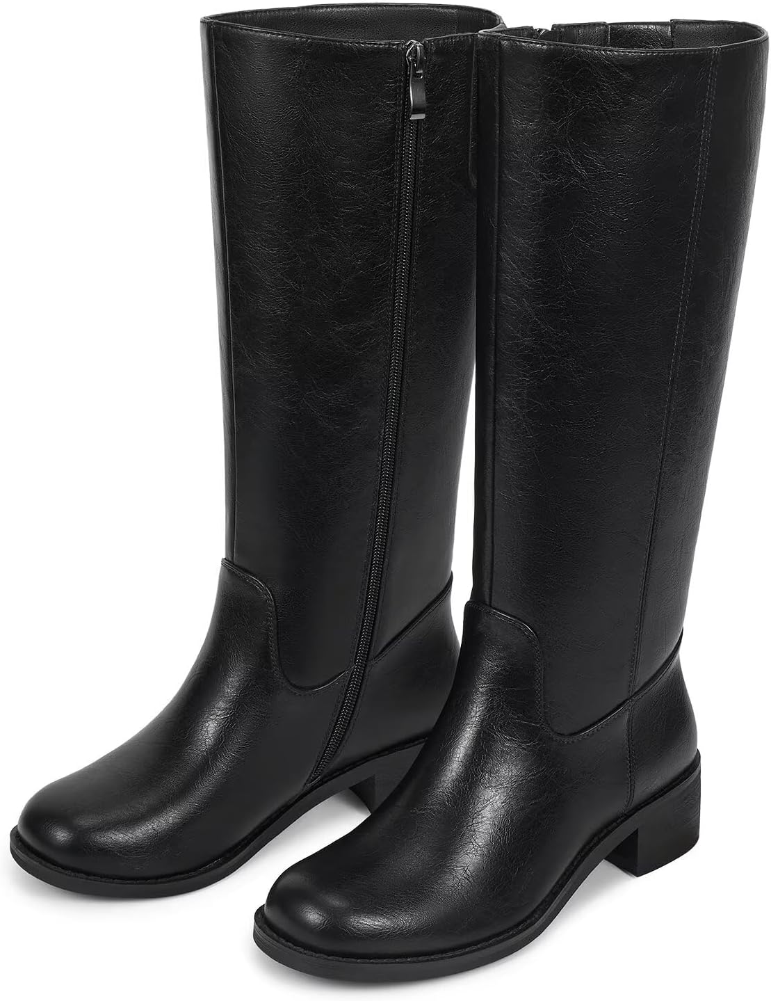 ISNOM Knee High Boots for Women Round Toe Chunky Block Riding Tall Boots with Side Zipper and Low Heel - Image 4