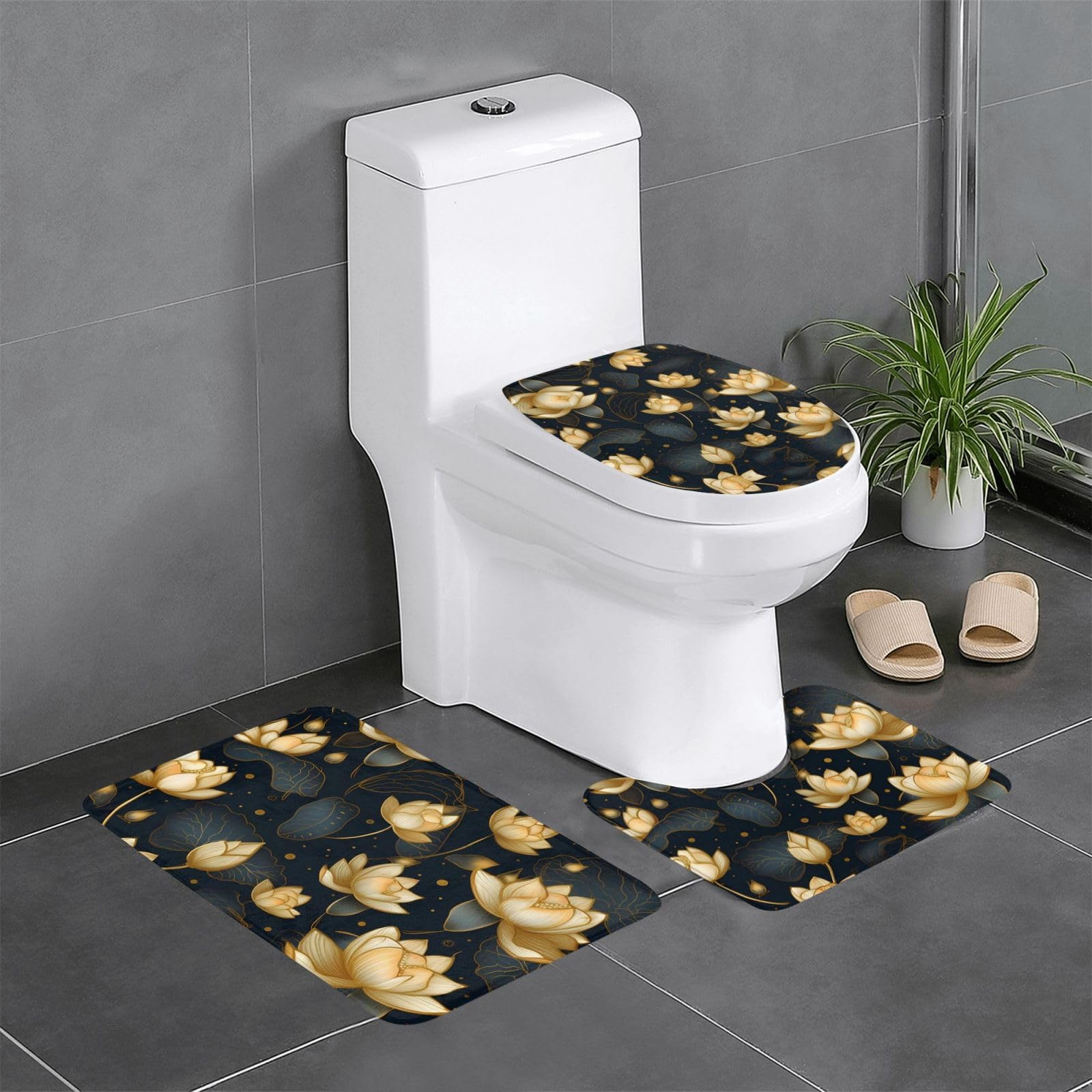 Lot de 3 tapis de salle de bain motif lotus doré boho avec contour WC ovale