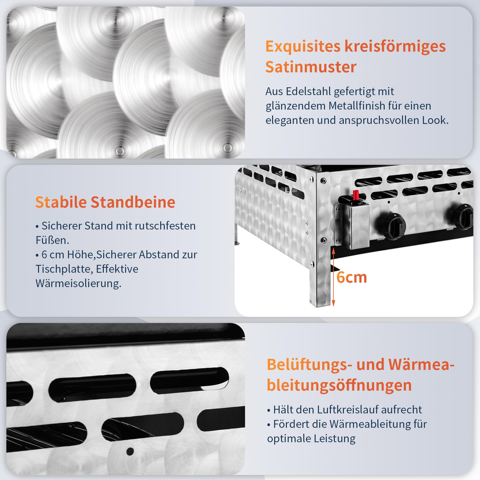 TLSUNNY Edelstahl Gasbräter 3-flammig 12 kW, Gasgrill Kommerzieller, Profi Gastrobräter & Tischbräter mit Emaille-Grillplatte, Gleichmäßig Tischgrill für Gastronomie, Outdoor, Garten, 69x52x27 cm