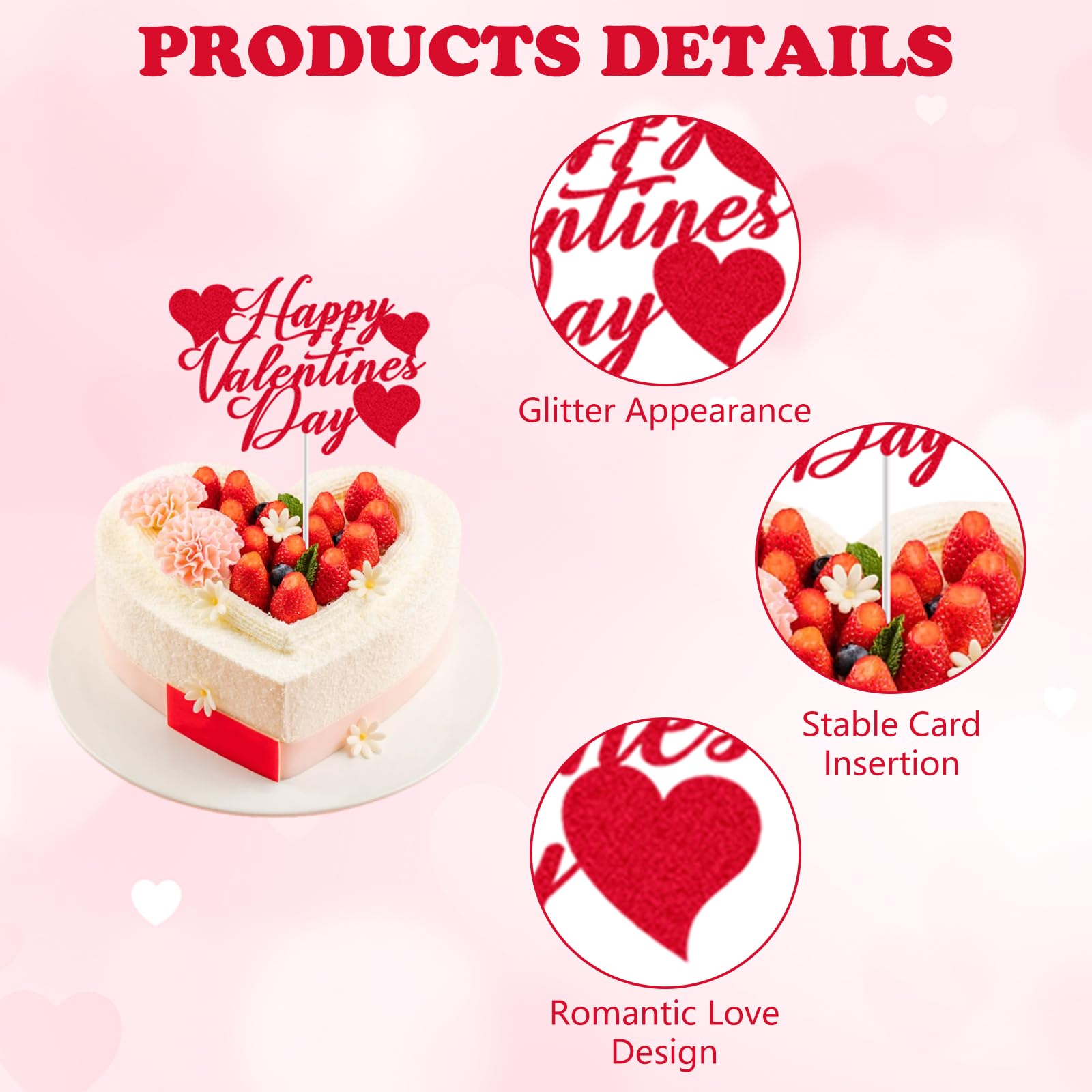 Lot De Décorations De Gâteau Saint-Valentin - Topper 'Happy Valentine's Day' Et 6 Cœurs Rouges En Papier
