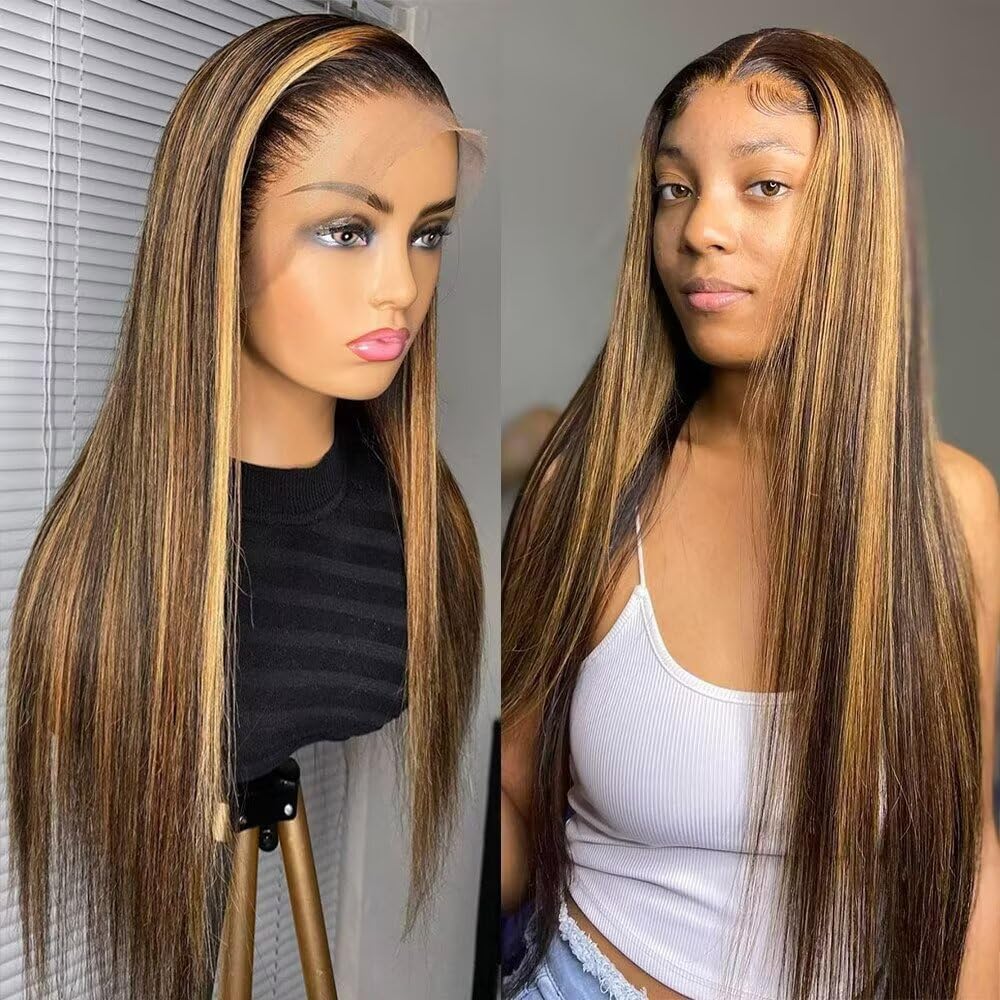 Ombre Highlight Honey Blonde Human Hair HD Invisible 13X4 Lace Front Wig Pre Plucked Baby Hair 150% Density Silky Straight Brazilian HD Transparent Bleached Knots Colored Wigs #1B/4/27 14Inch