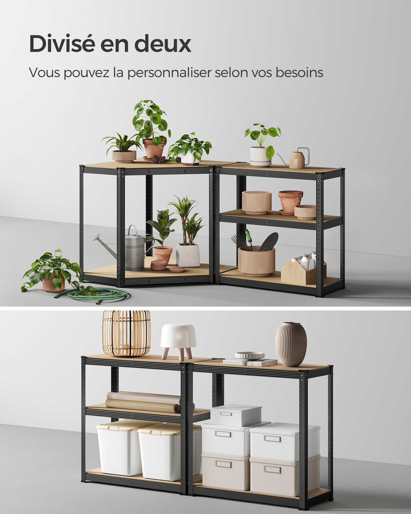 SONGMICS Ensemble d’Étagères d’Angle à 5 Niveaux, Étagères de Rangement en Acier, Charge Lourde, Garage, Entrepôt, Capacité de Charge 2625 kg, Noir d'encre et Beige Naturel GLR070B03 | Étagère de rangement pour garage, salle de rangement, cave GLR070B03