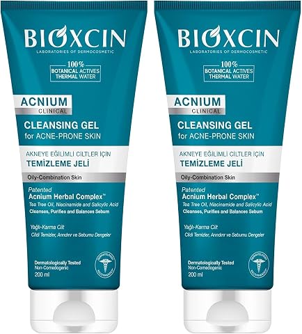 Bioxcin Acnium Sebum Dengeleyici Yüz Yıkama Jeli – Niasinamidli, Termal Sulu, Bitkisel Kompleksli, Akneye Eğilimli ve Yağlı Ciltler İçin, 200 ml (2 paketi)