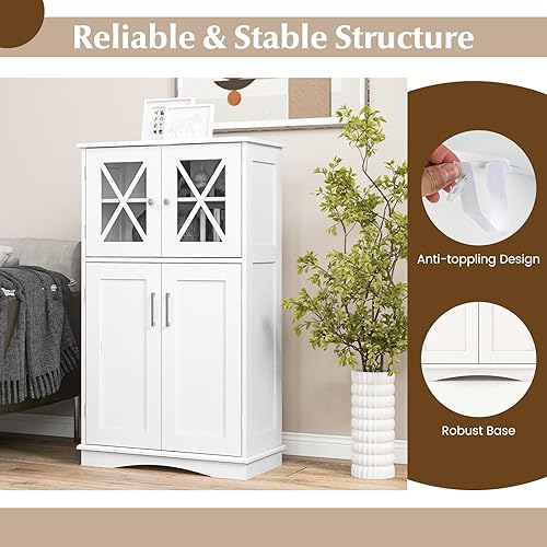 Miniatura 6 de Tangkula Armario de piso independiente con 2 puertas de vidrio, estantes ajustables de 3 niveles, anti-caída, armario de despensa de cocina para