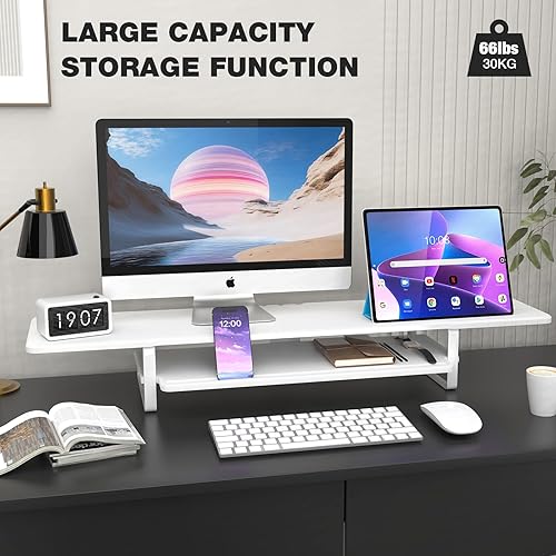 Miniatura 5 de Soporte para monitor doble, elevador de monitor de madera de 2 niveles con almohadilla, soporte para teléfono, organizador de almacenamiento,