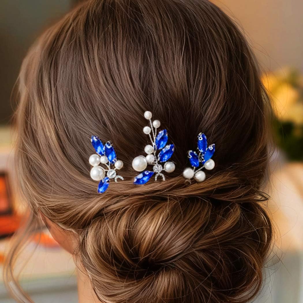 HEREAD Blue Crystal Bride Wedding Hair Pins Silver Pearl Bridal Hair Pieces Rhinestones Hair Accessories for Women and Girls(Pack of 3) (Silver)