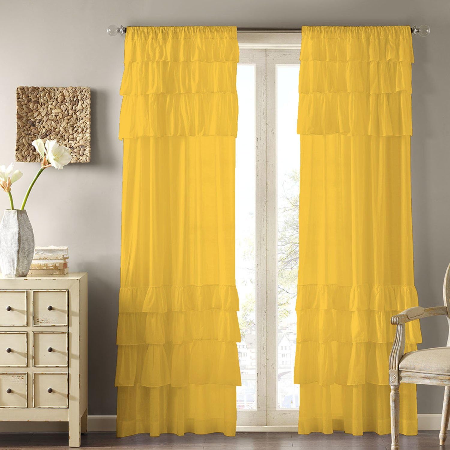 Dekor World Voil Yellow Ruffle Cotton Rod Curtain Set (Pack