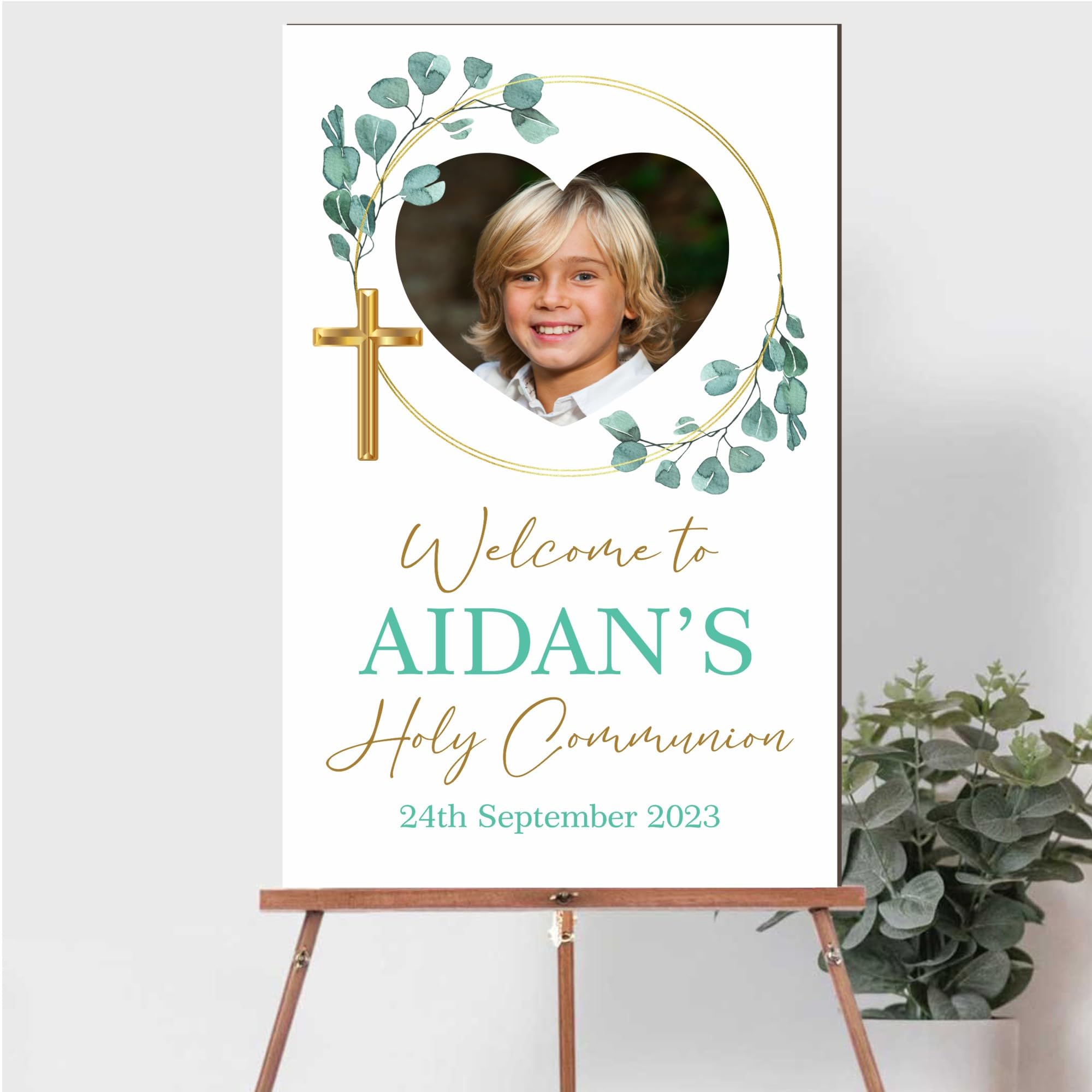 Personalised Photo Christening, Communion, Confirmation Welcome Board – Custom Child’s Picture, Name & Date, Floral and Wreath Photo Prop Board (Green Leaves, Holy Communion)