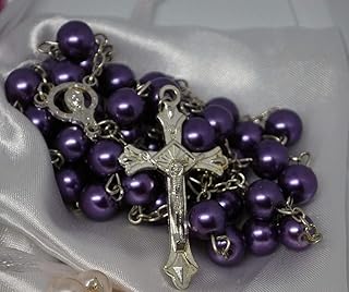 First Holy Communion Purple Rosary Beads 1st Communion Confirmation Girls/Boys Gift Excellent Quality Five Decade Rosary & Silver Crucifix Pearl Effect Beads with Free White Satin Drawstring Pouch