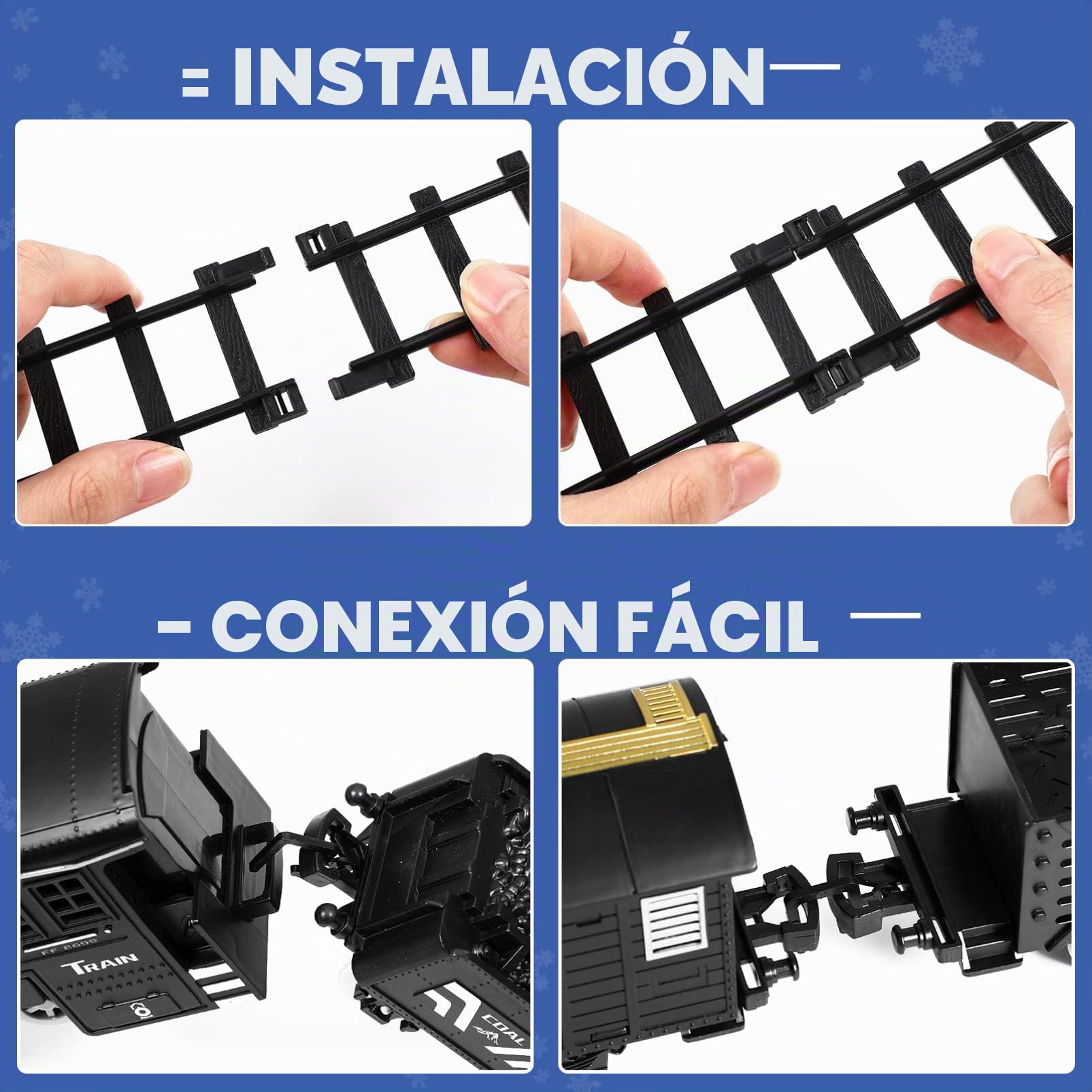 Toyvian Juego de tren eléctrico para niños - Tren modelo a batería con motor de locomotora de vapor de sonidos y luces, coches de carga y pistas, juegos de tren de Navidad para debajo del árbol