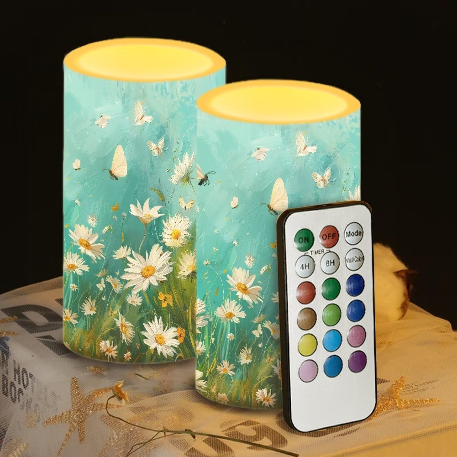 Uorisanigo Daisy Moth Flameless Candles with Remote Battery Powered Flickering Color Changing LED Battery Candles Electric LED Candles for Living Room