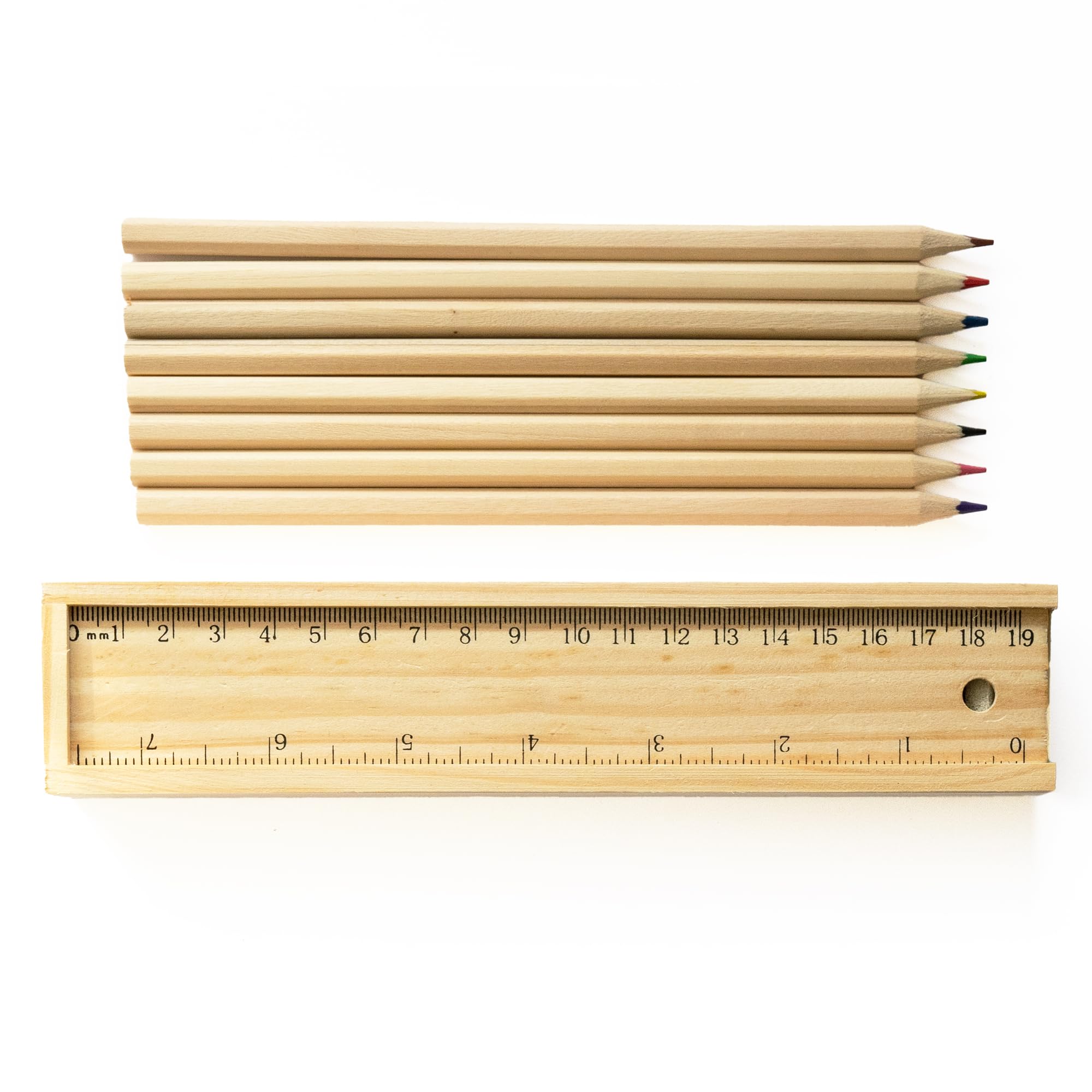 Chinchilla® Natural Wooden Crayons STRAIGHT | 8 piezas | Afilado | Estuche de madera con regla | para niños y ocio | Pintura creativa | Colores vibrantes | Regalo para pequeños artistas