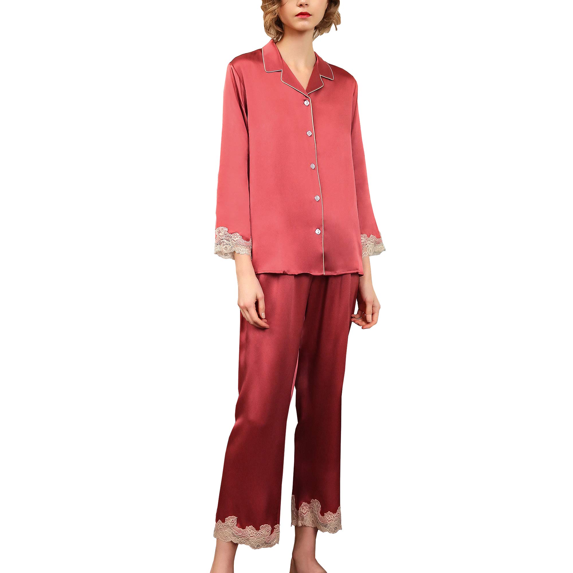 E-girl T8183 - Pigiama da donna in seta, con pizzo, 100% seta, a maniche lunghe Colore: rosso 48