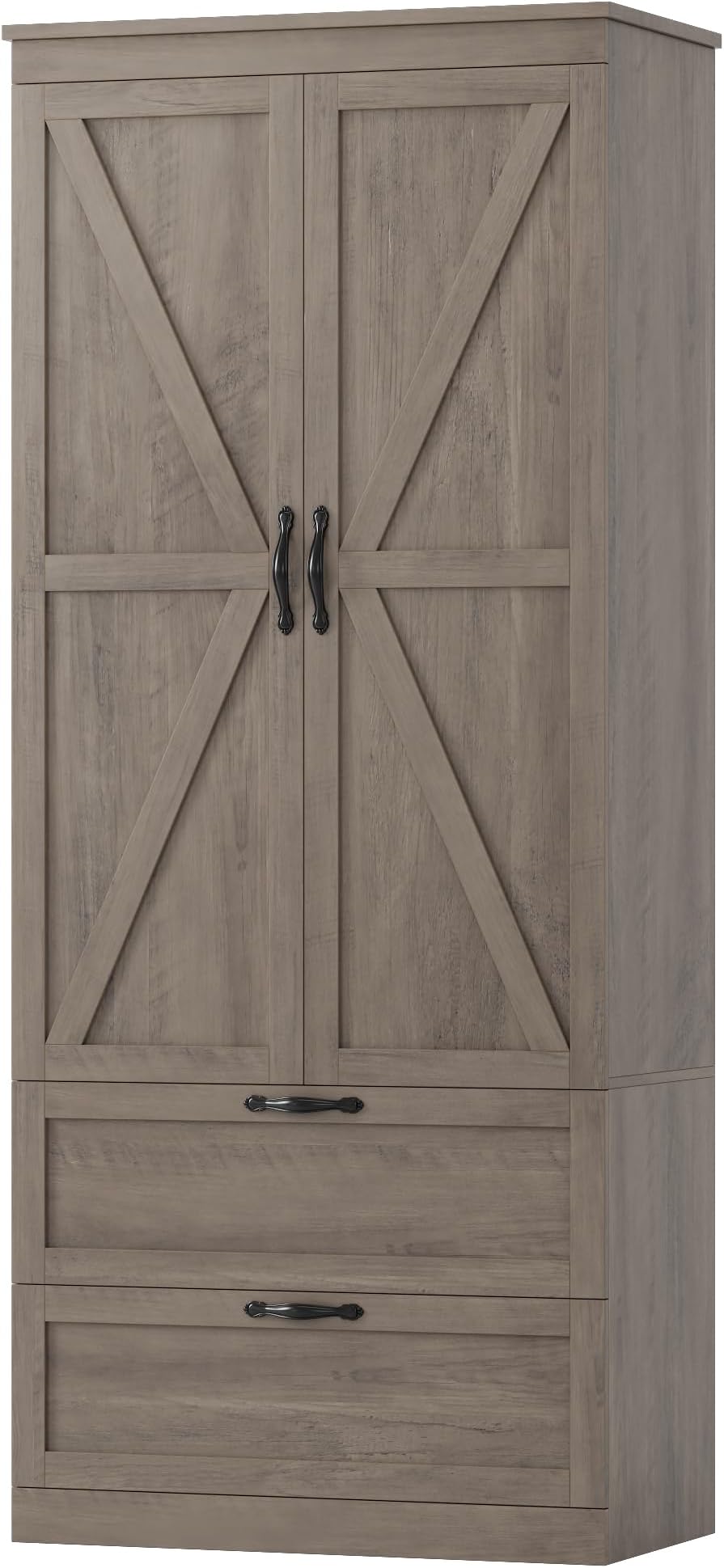 70" Tall Kitchen Pantry Storage, Barn Doors Pantry Cabinet with Drawers and Adjustable Shelf, Modern Farmhouse Storage Cabinet for Kitchen, Dining Room, Living Room, Bathroom, Ash Grey
