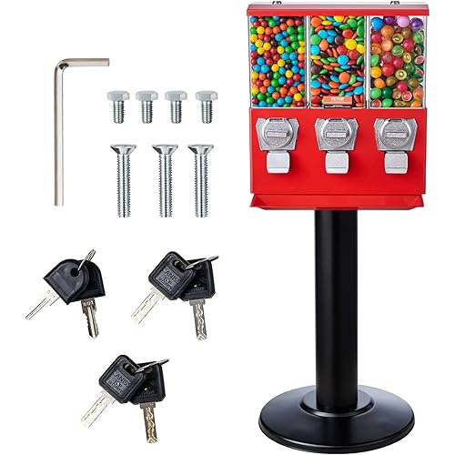 VEVOR Candy Vending Machine, Triple Compartment Candy Dispenser, Commercial Gumball and Candy Machine for Business with Iron Stand, Coin Operated Gumball Bank for Toy Capsules Bouncy Balls Candy