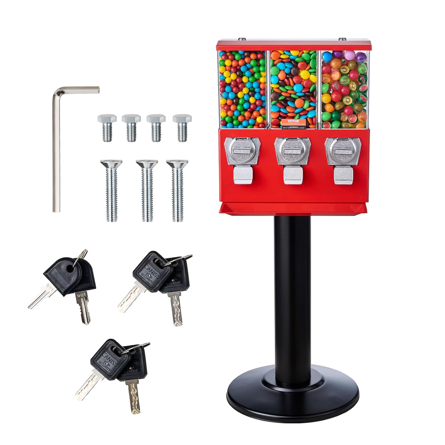 VEVOR Candy Vending Machine, Triple Compartment Candy Dispenser, Commercial Gumball and Candy Machine for Business with Iron Stand, Coin Operated Gumball Bank for Toy Capsules Bouncy Balls Candy