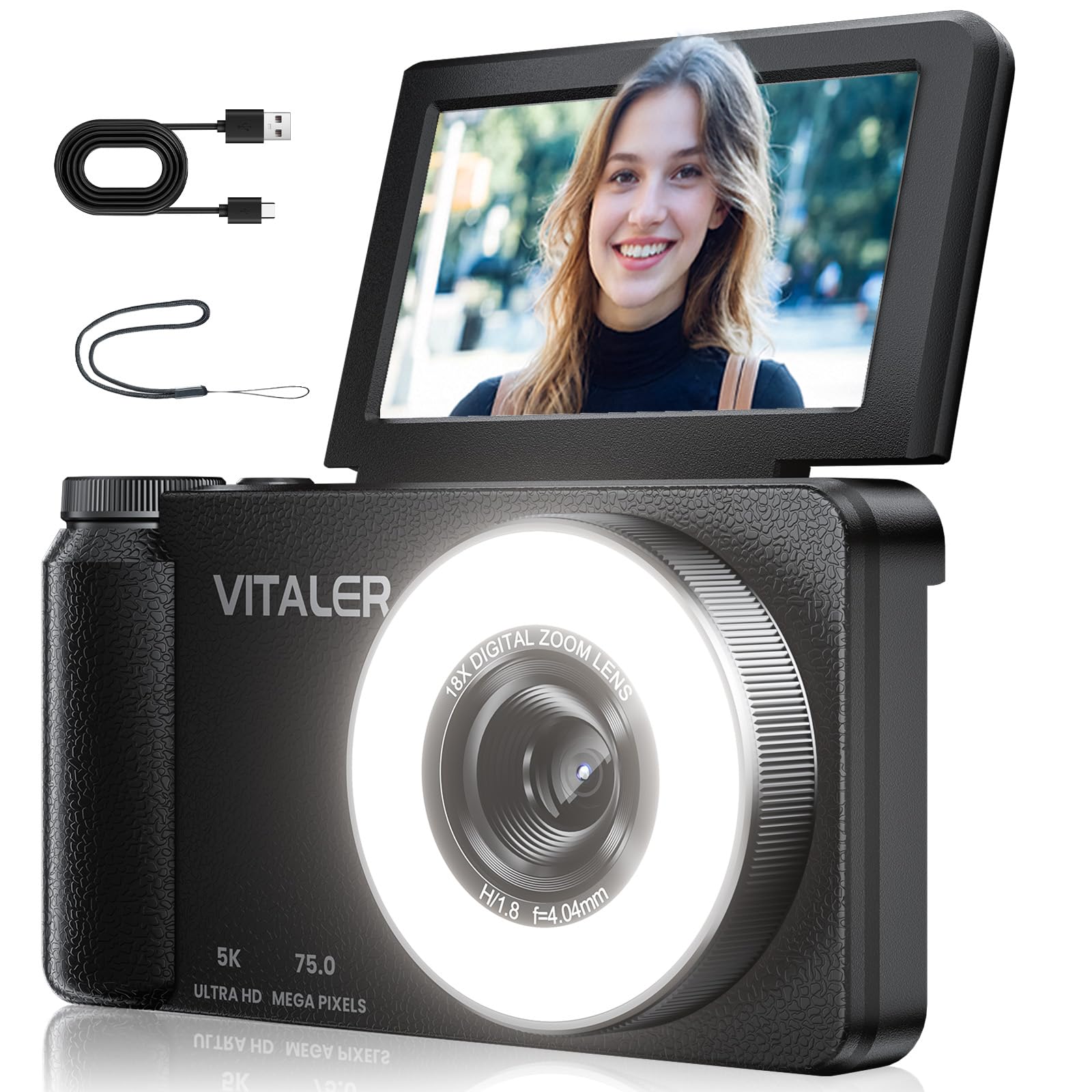 5K Digital Camera for Photography with Fill Light, 3'' 180°Flip Screen, 75MP Vlogging Camera for YouTube Video, 18X Zoom Compact Point and Shoot Cameras for Beginner Teens, Adult, Black-image-24