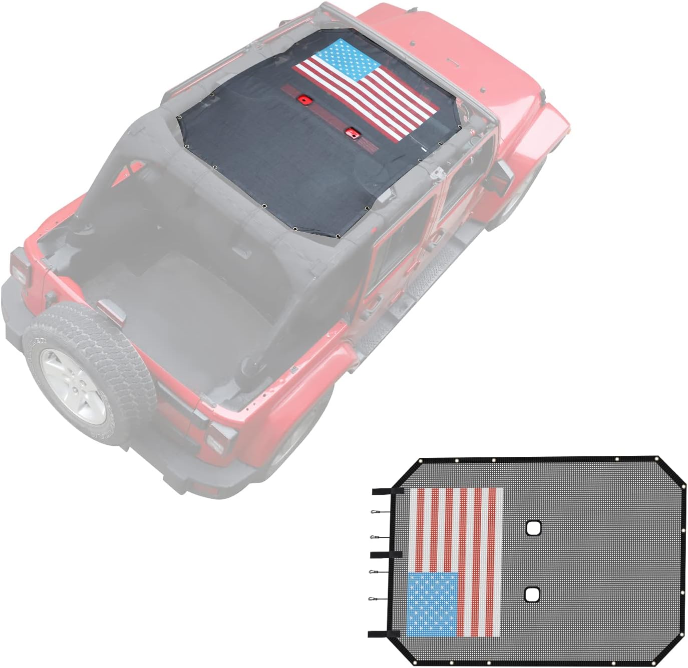 RT-TCZ for Wrangler JK Sunshade Mesh Top Roof Shade for Jeep Wrangler JK JKU 4 Door 2007-2017 Black Red American Flag