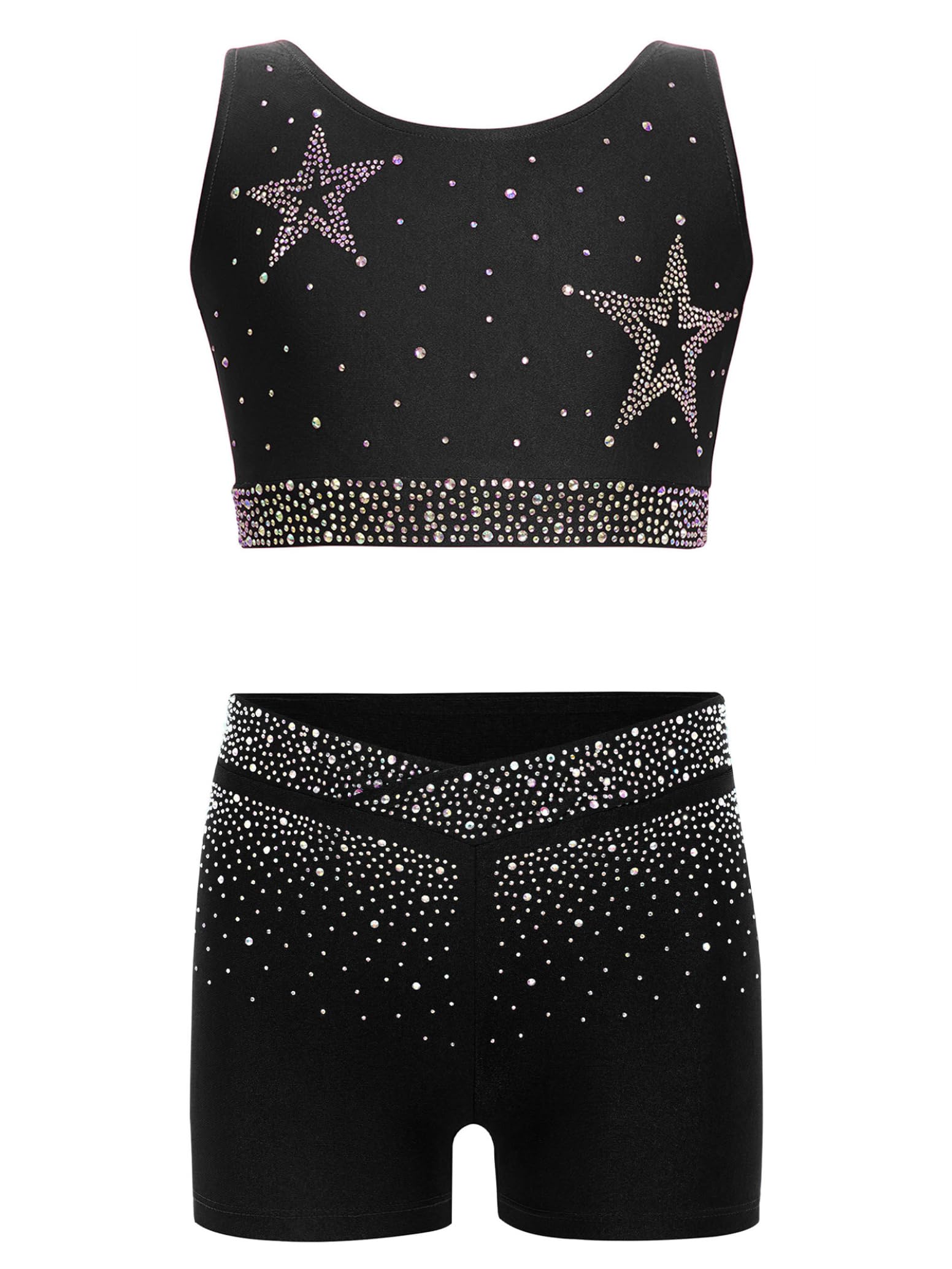 inlzdz Abito Da Pattinaggio Artistico Bambina 2 Pezzi Strass Crop Top Reggiseno + Pantaloncini Tuta Da Ginnastica Artistica Abito Da Ballo Latino Jazz Tango Nero B 15-16 anni