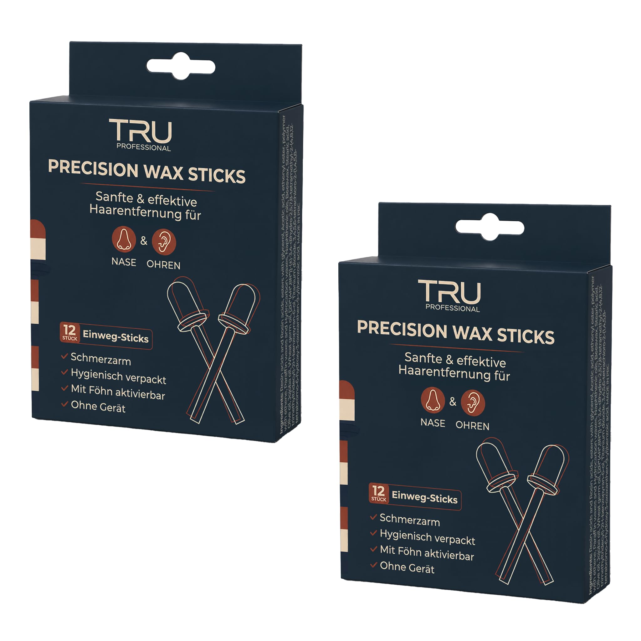 Tru Nasen & Ohren Haarentferner Wax (2er Pack) 24 Einweg-Stick | Gebrauchsfertig, Föhn Aktivierbar