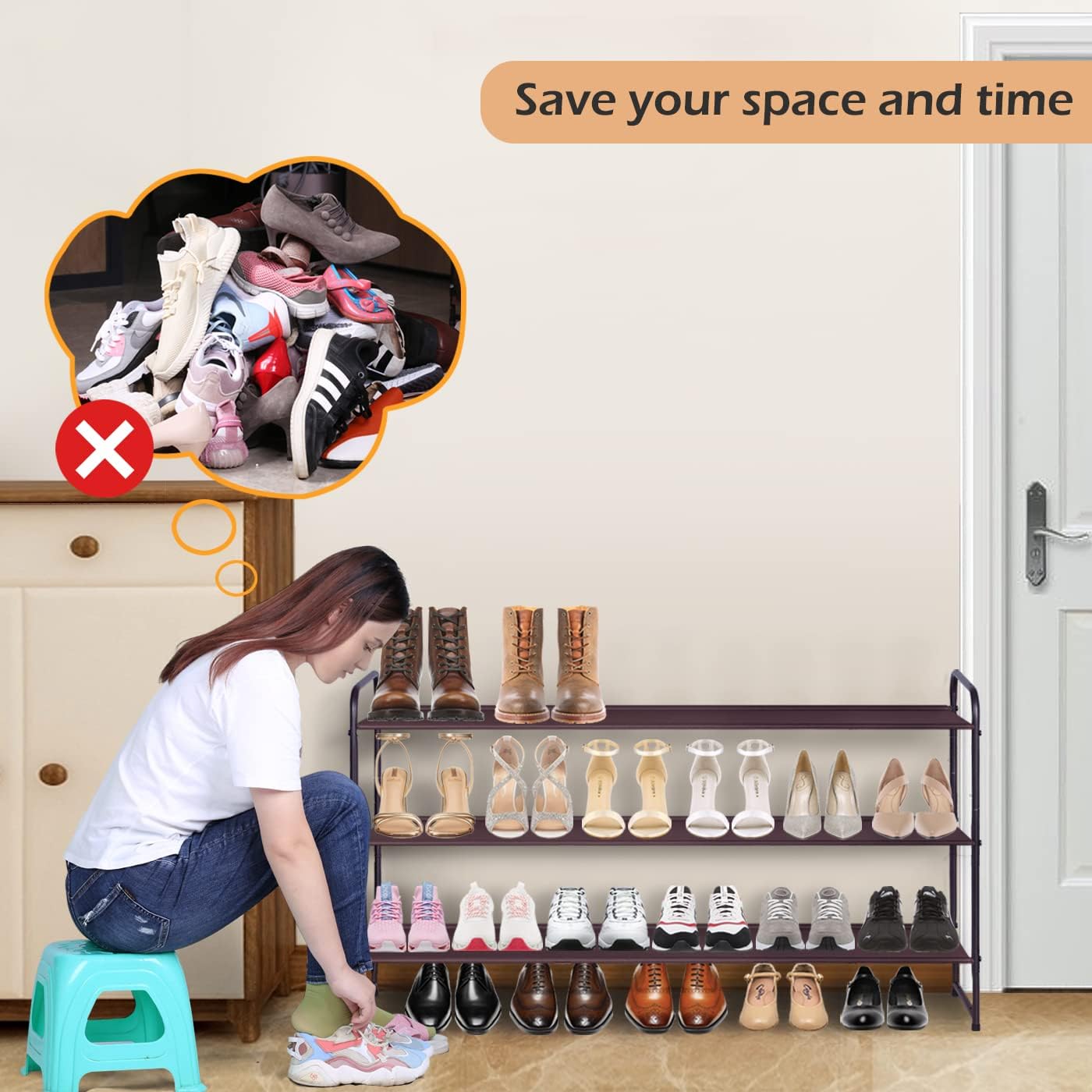 MISSLO Long 3 Tier Shoe Rack for Closet Shoe Organizer Storage Stackable Wide Shoe Shelf Holds 24 Pairs of Men Sneakers, Women Heels, Boots, Brown