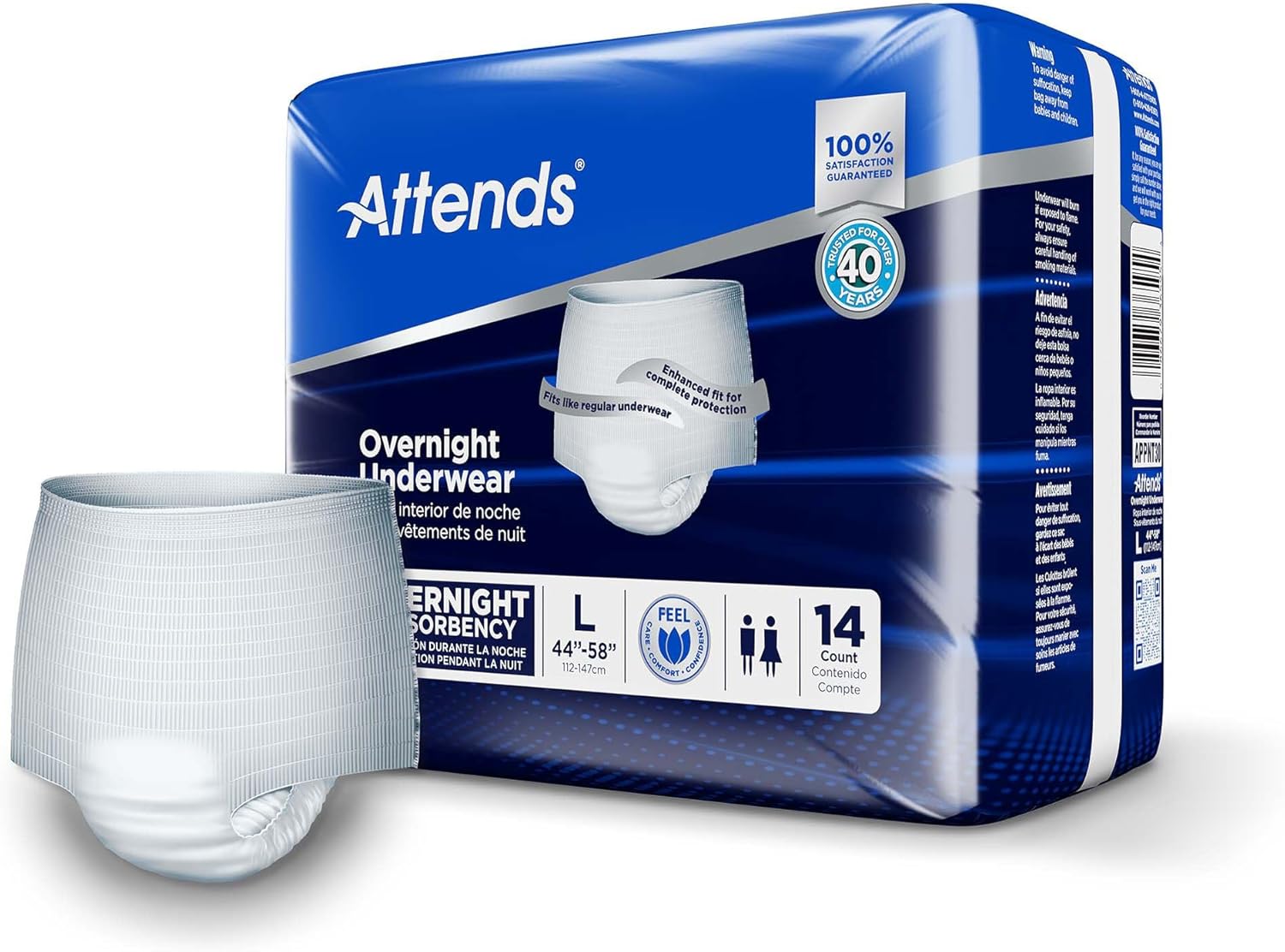 Attends Overnight Underwear for Adult Incontinence Care with ConfidenceCuff™ Protection, Overnight Absorbency, Unisex, Large, 14 Count (x4)